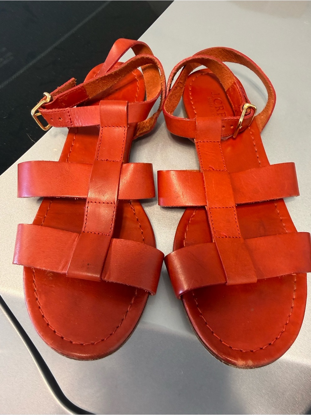 J. Crew Red Leather Cross-Strap Sandals with Gold Buckles